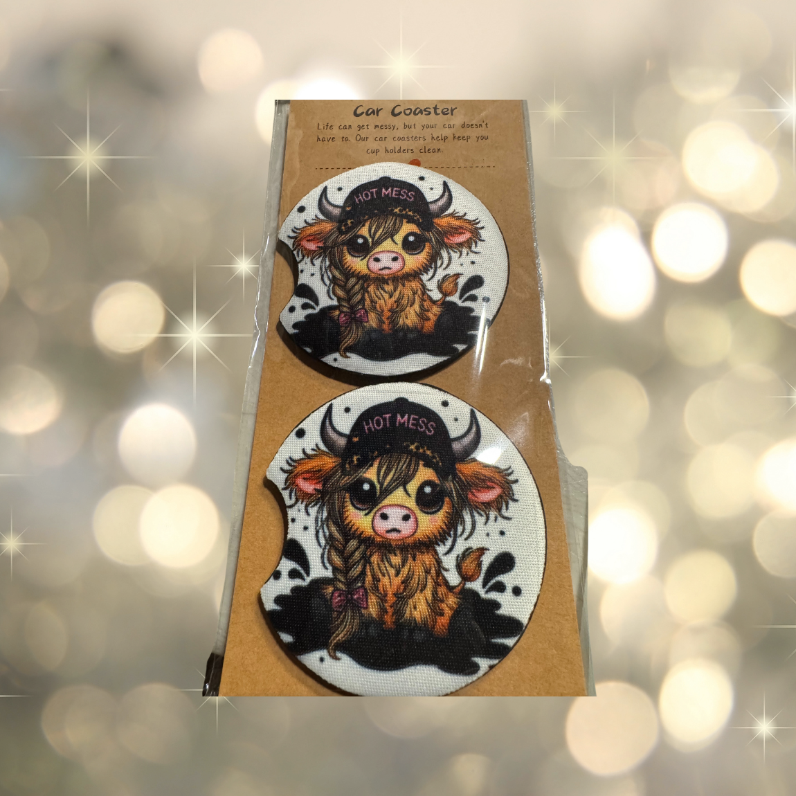 Hot Mess Highland Cow Car Cup Coaster