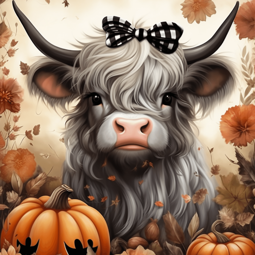 Grey Cow, Grey Highland Cow, Highland Cow, blak and white, bow, fall, flowers, pumpkins