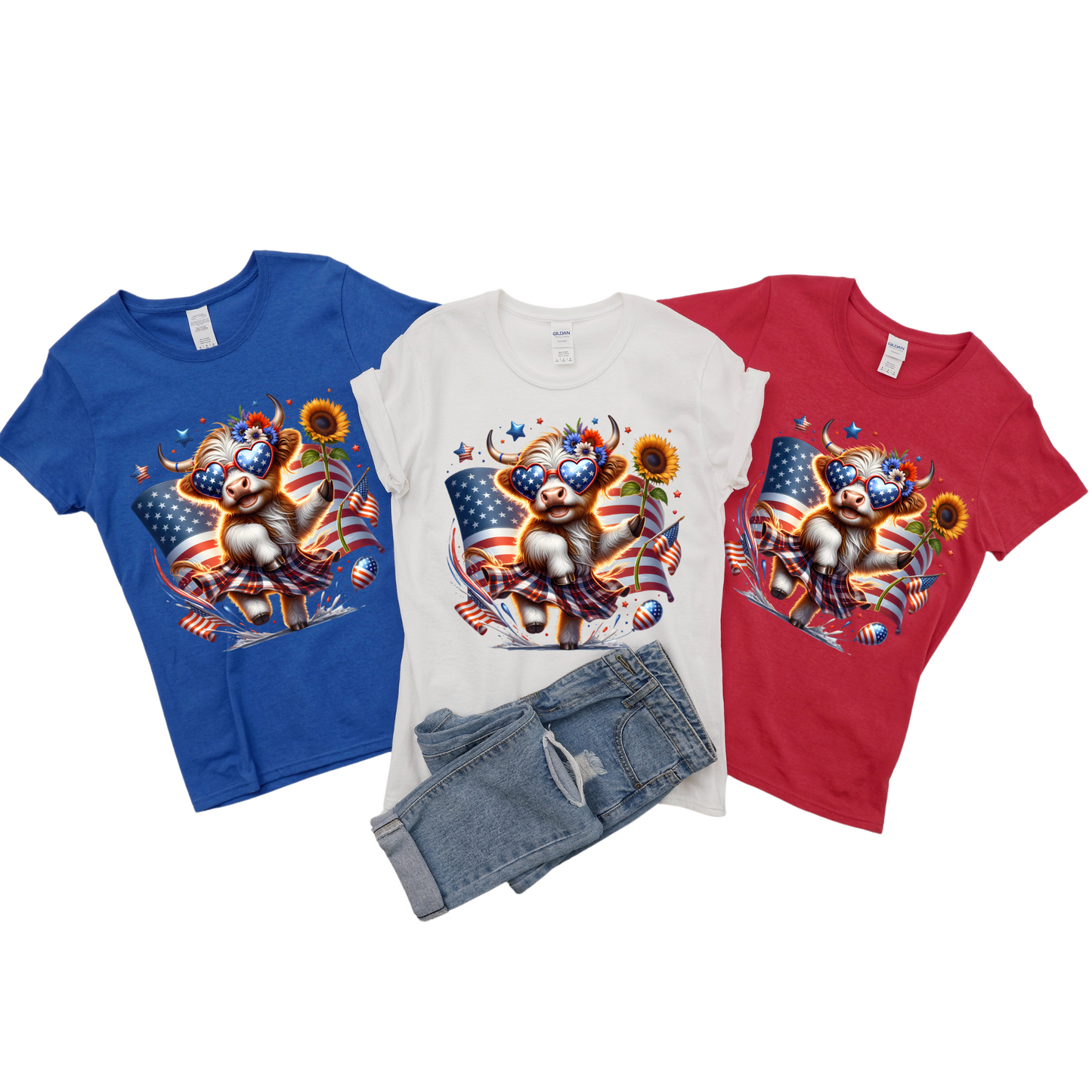4th of July White Highland Cow with Skirt Shirt of the Month