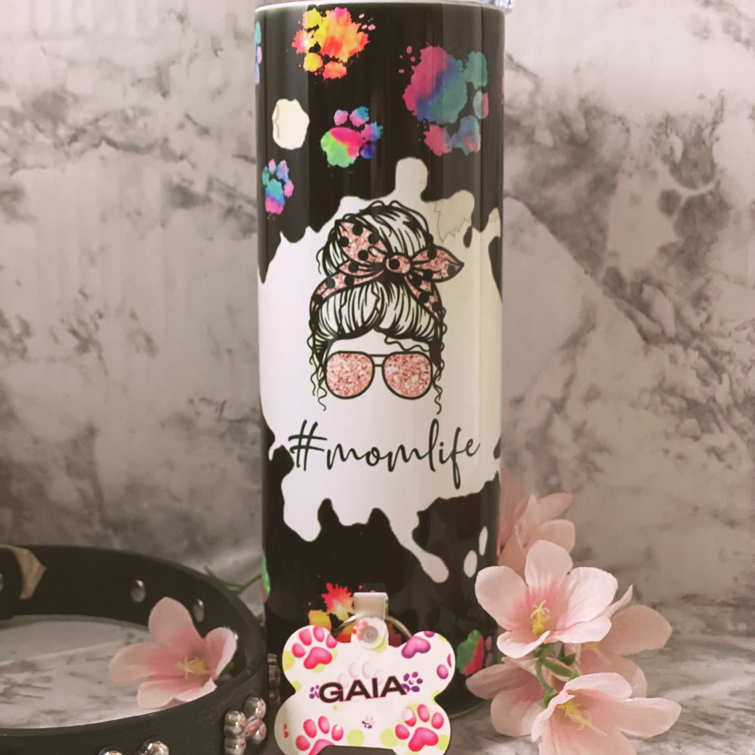 20 OZ Skinny Sublimation Tumbler #Momlife with colorful paws prints