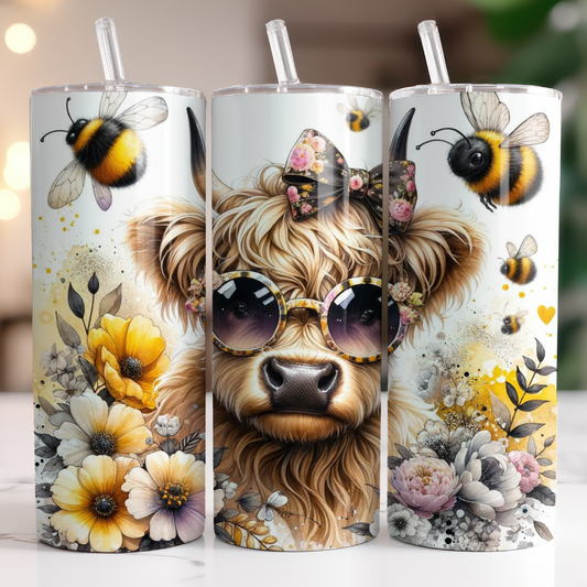 Bee, Bee's, Highland Cow, Glasses, bow, flowers, pollen