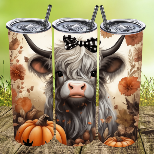 Grey Cow, Grey Highland Cow, Highland Cow, blak and white, bow, fall, flowers, pumpkins