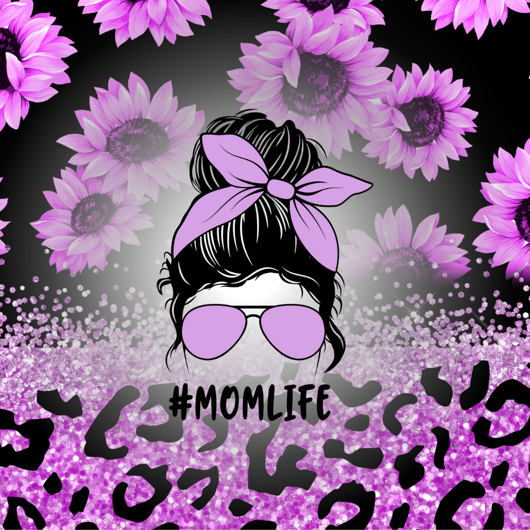 #momlife 20 oz sublimation tumbler. Purple Sunflowers, Mom Bun, purple glitter