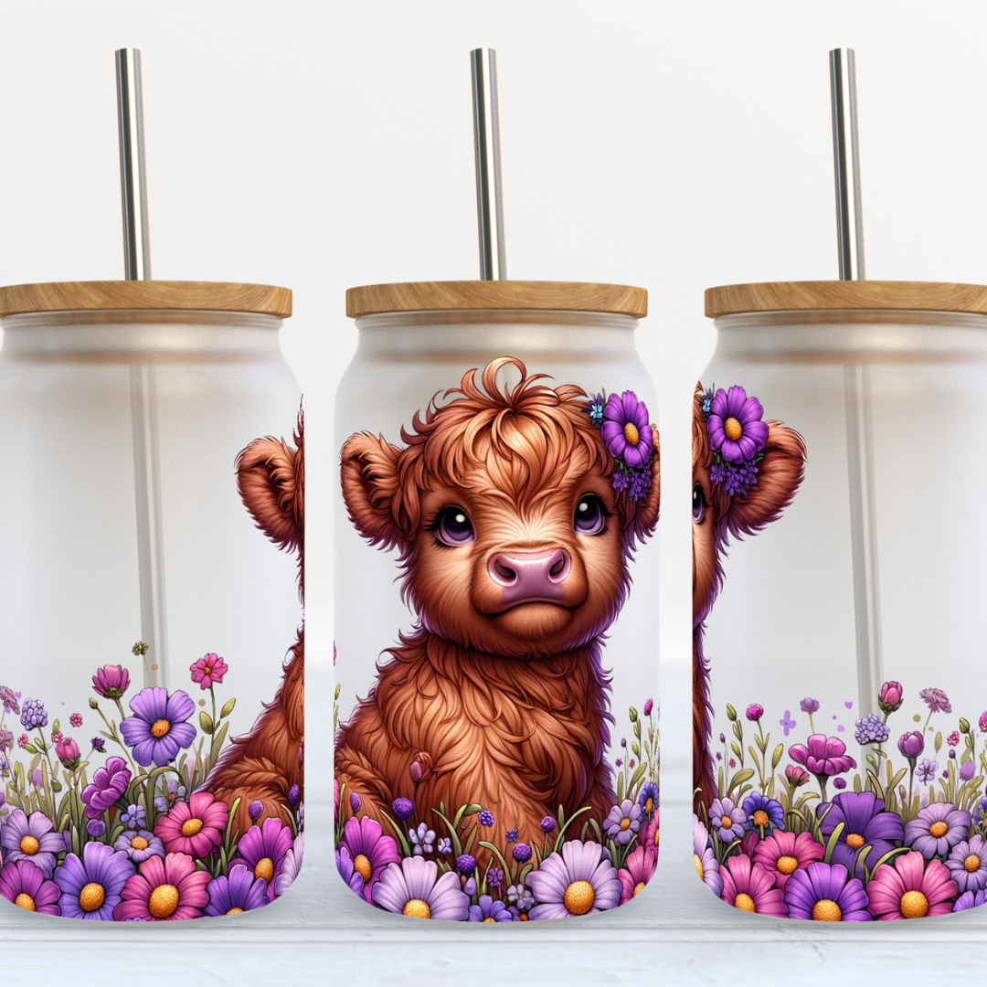 Baby Highalnd Cow with purple and blue wild flowers 16 oz sublimated glass can