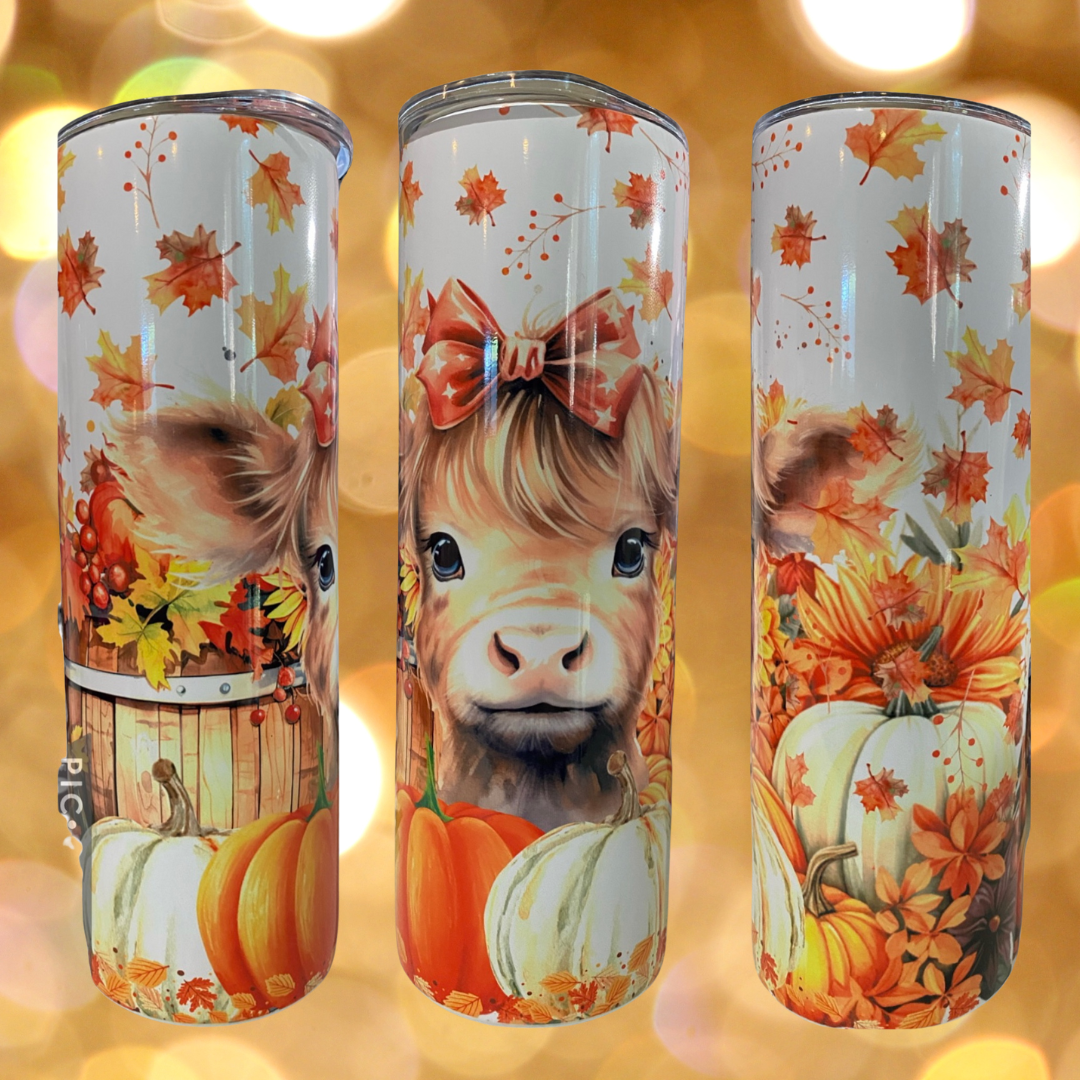 20 oz sublimation tumbler fall blond highland cow with pumpkins and fall flowers