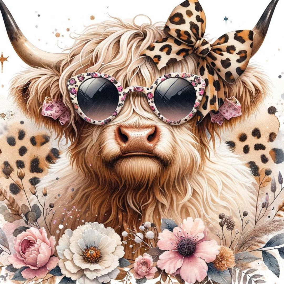 20 OZ Skinny Sublimation Highland Cow w/ leopard bow and glasses