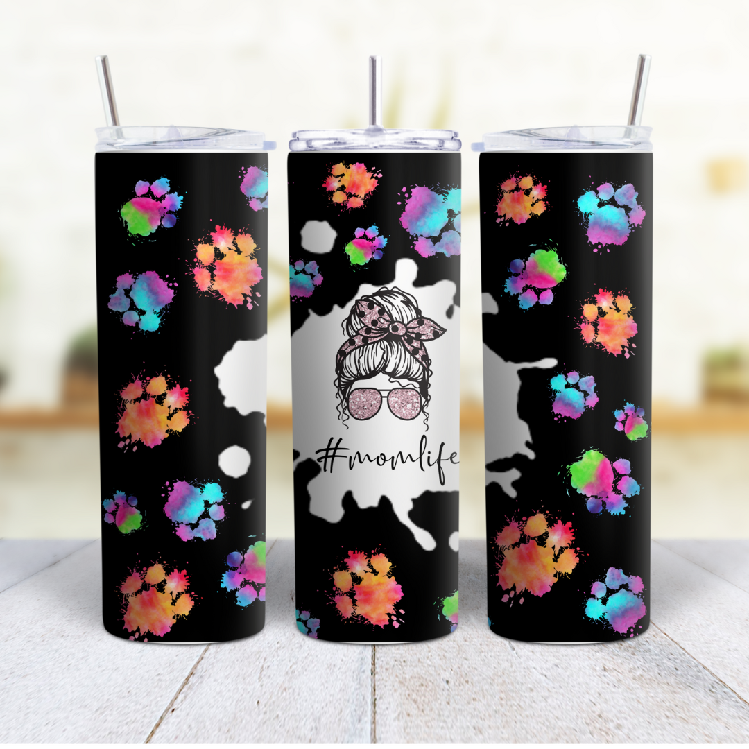 20 OZ Skinny Sublimation Tumbler #Momlife with colorful paws prints