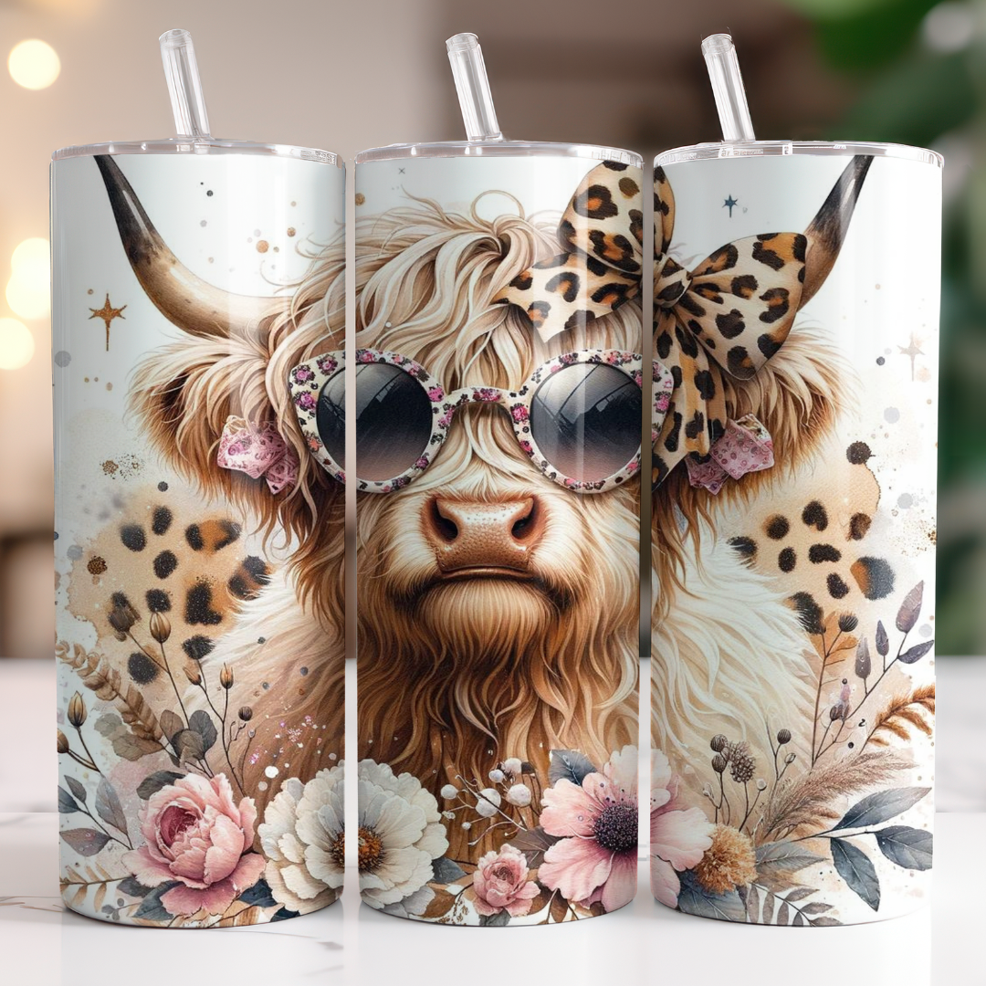 20 OZ Skinny Sublimation Highland Cow w/ leopard bow and glasses