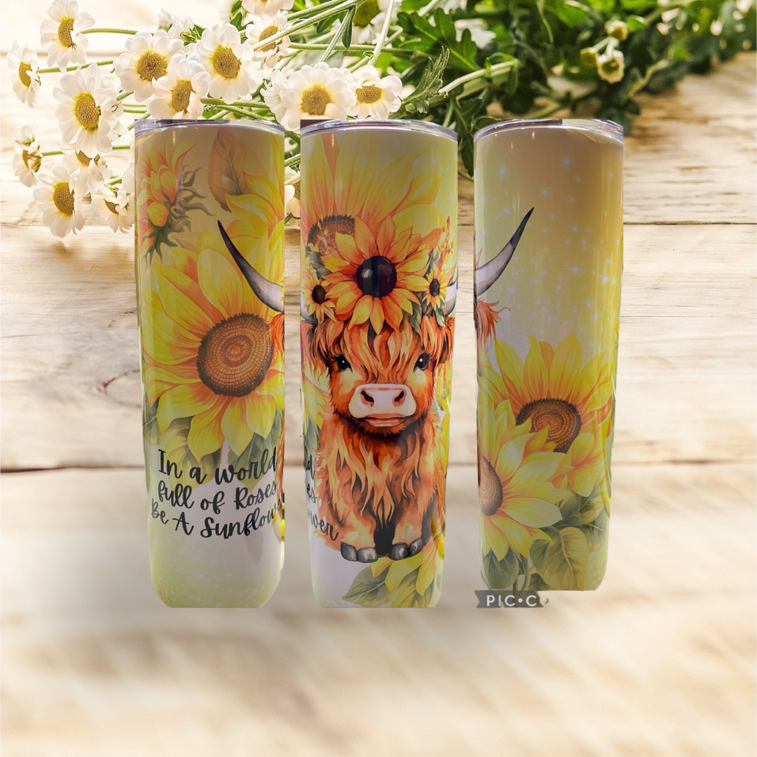20 OZ Skinny Tumbler Blond Highland Cow In a world full of Roses be a Sunflower