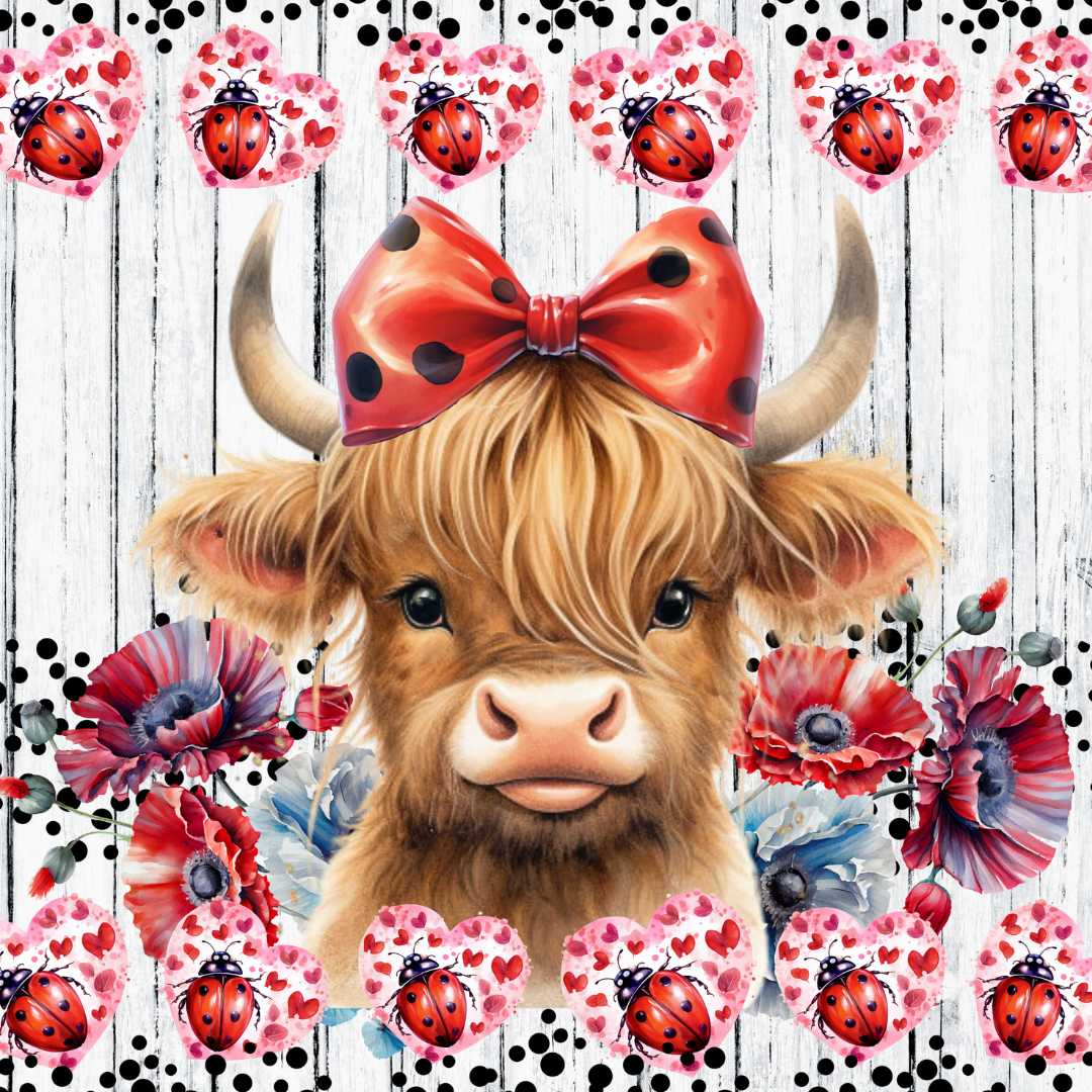 20 OZ Skinny Valentines Highland Cow with Ladybugs