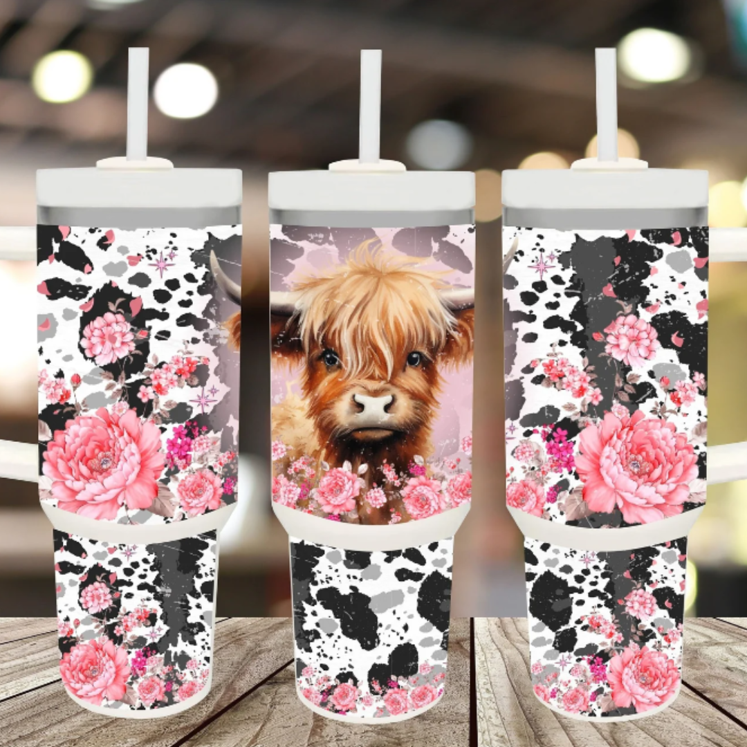 40 oz Highland Cow with Pink flowers Sublimation Tumbler