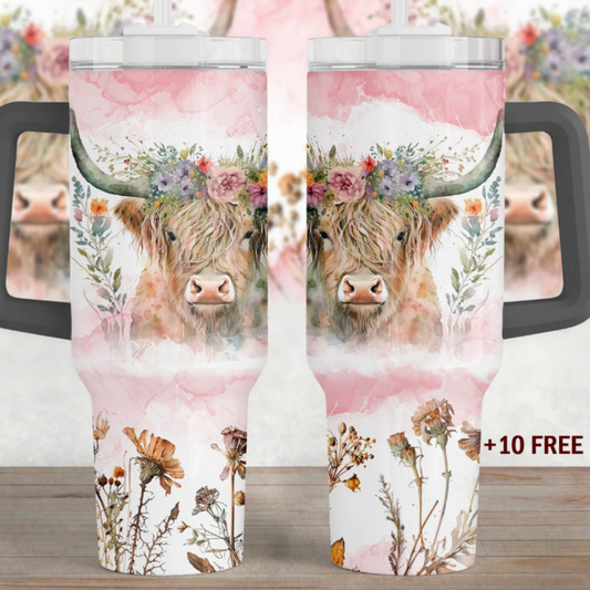 40 oz Highland Cow with wild flowers Sublimation Tumbler