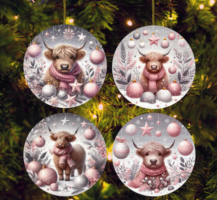 Set of 4 Pink and Siler Highland Cow Ornaments