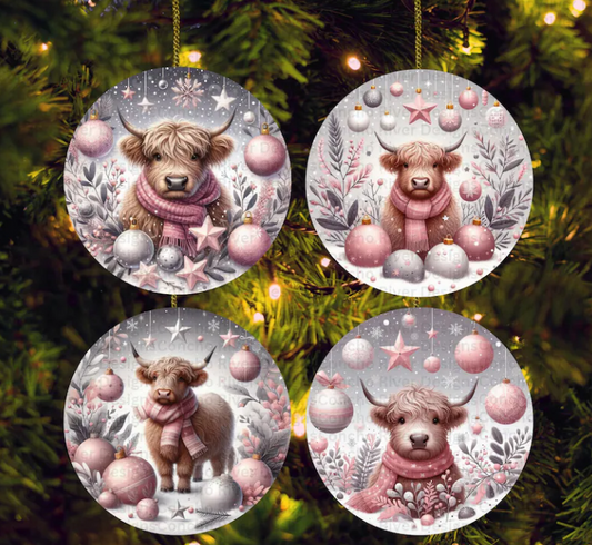 Set of 4 Pink and Siler Highland Cow Ornaments